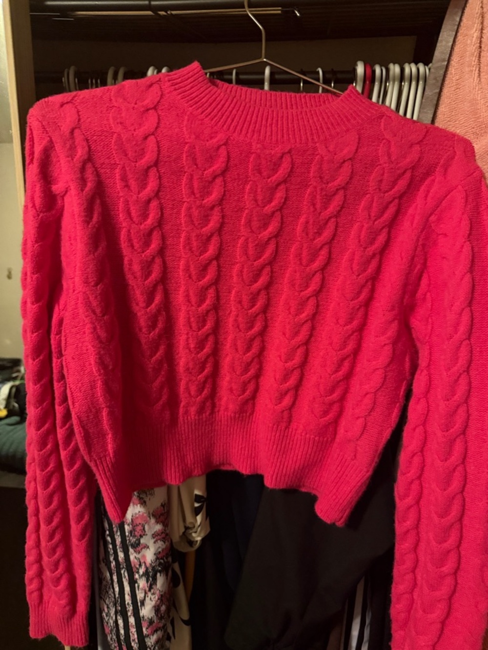 Women's Cable Knit Crewneck Sweater - Hot Pink